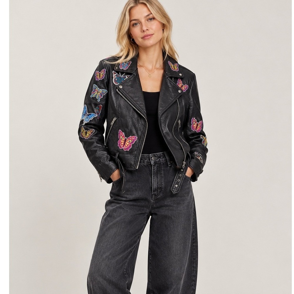 AQUA Butterfly Patch Leather Moto Jacket Women Small Black Embroidered Biker